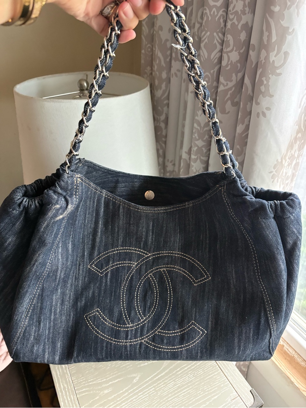 FASHION Dark Blue Denim Shoulder Tote with Interlocking CC with pouch - Picture 11 of 14
